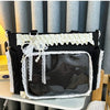 Black shoulder bag with white lace trim and a clear transparent front panel