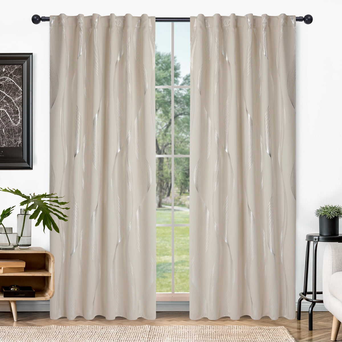 Silver Wave Pattern Blackout Curtains with Thermal Insulation and Noise Reduction