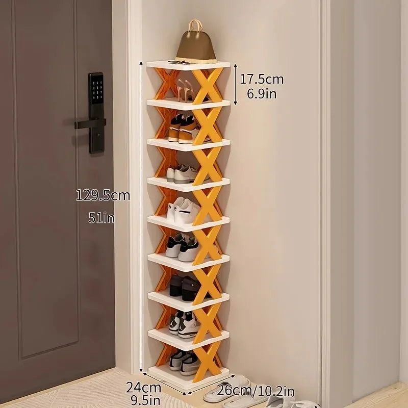A vertical 9-tier wooden shoe rack with orange accents is shown mounted on a wall, displaying various shoes.
