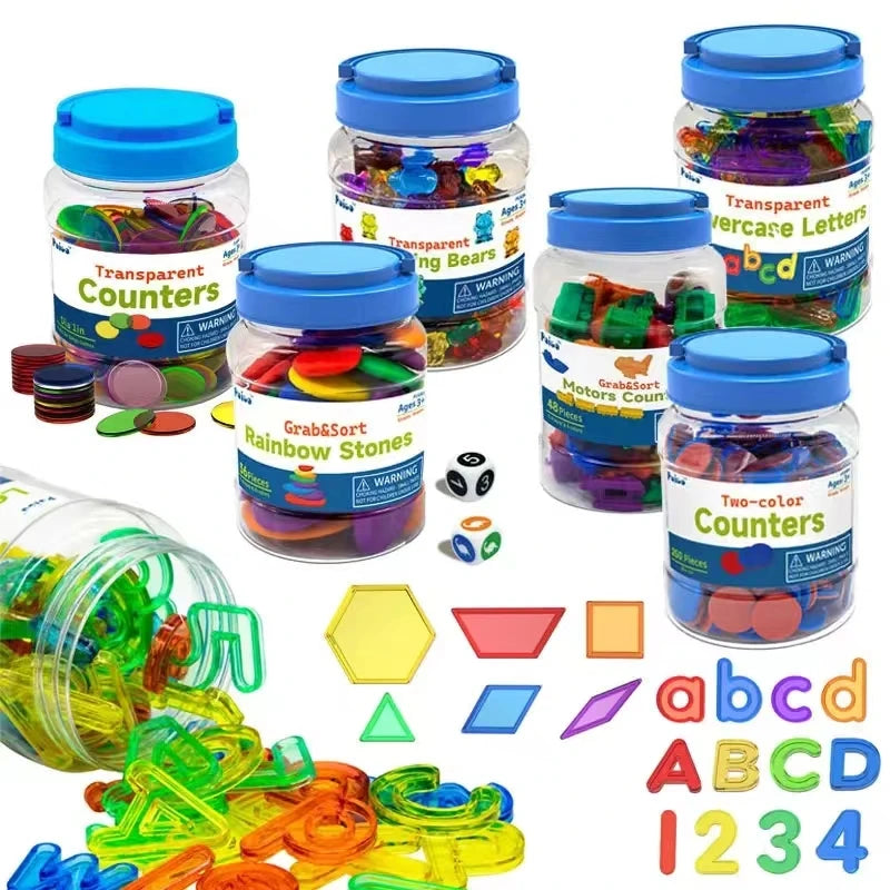 A collection of colorful transparent letters and numbers in jars for sensory learning.