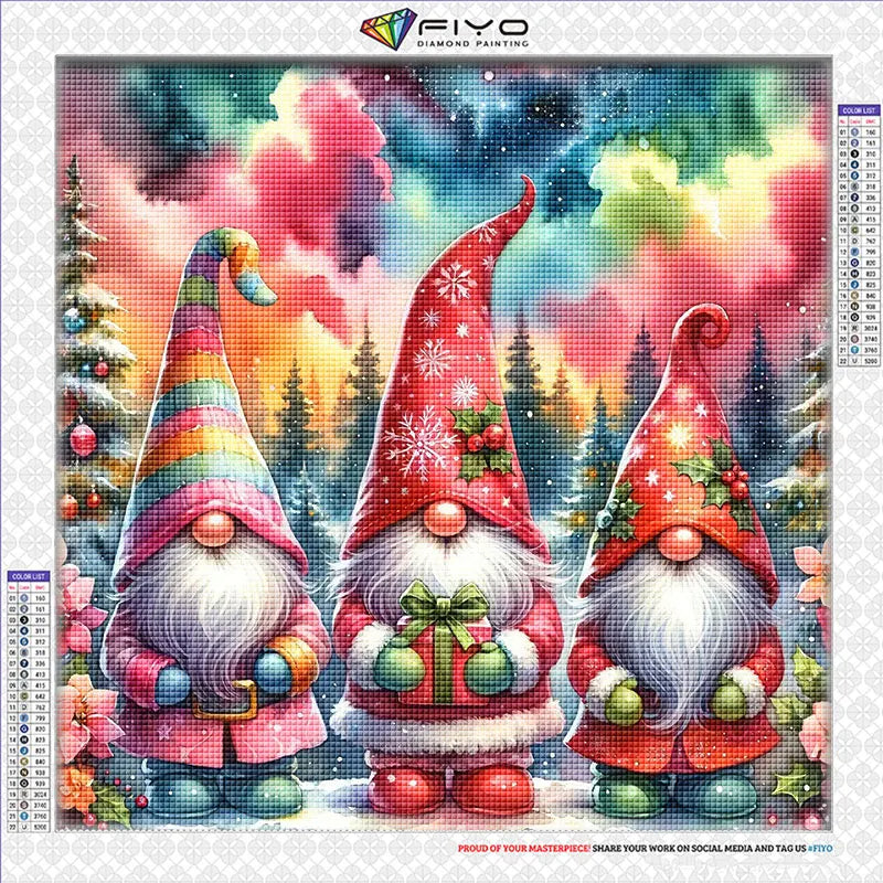 Kit de peinture de diamants avec trois gnomes festifs de Noël dans une forêt hivernale