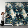 Roll of 3D marble peel-and-stick waterproof wall panels featuring blue and gold marbled textures.