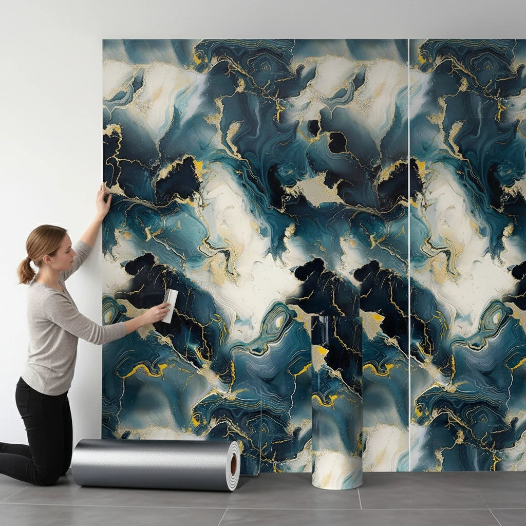 Roll of 3D marble peel-and-stick waterproof wall panels featuring blue and gold marbled textures.