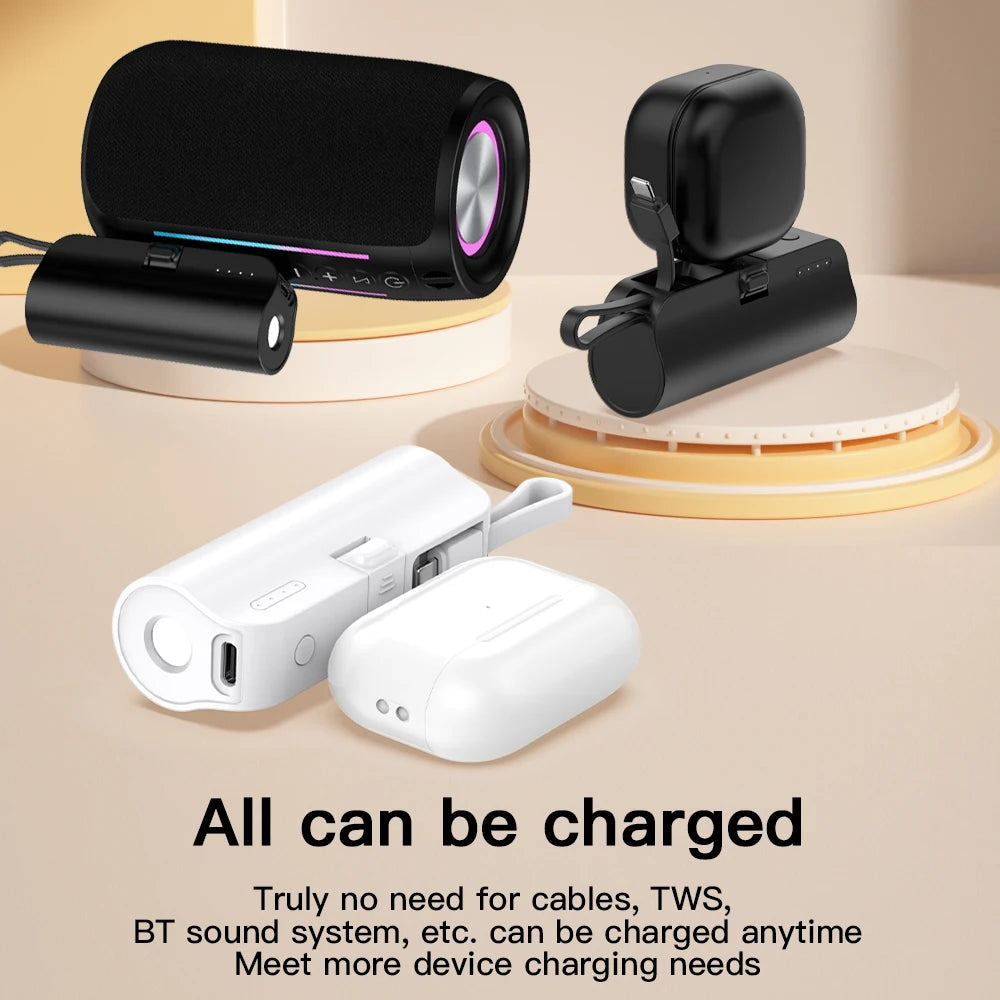 Pocket-Size 5000mAh Power Bank with Built-in Cable, LED Light & Phone Stand