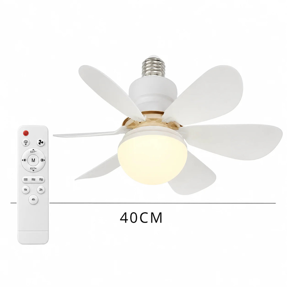 Ventilador moderno blanco con luz LED y control remoto, sobre fondo blanco.