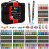 A black acrylic marker set with 418 pens and a carrying case, showing various colors of markers.