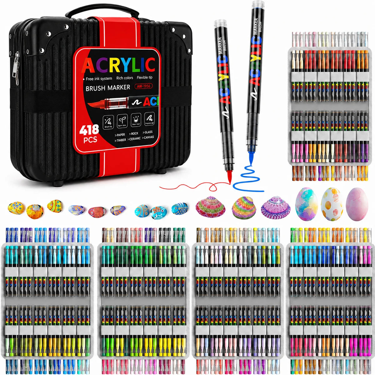A black acrylic marker set with 418 pens and a carrying case, showing various colors of markers.