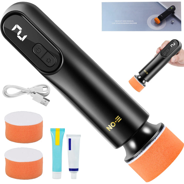 A black handheld electric car polisher and scratch remover tool with an orange foam pad and cleaning liquid bottles.