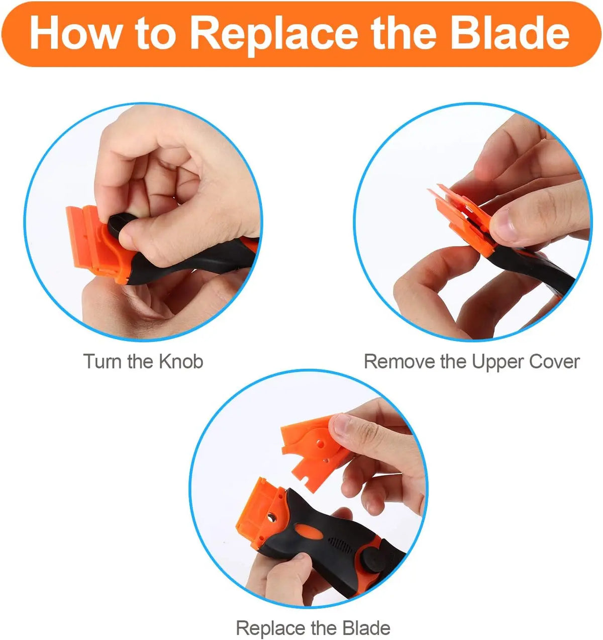 Step-by-step guide showing how to replace the blade of a multi-purpose razor scraper.