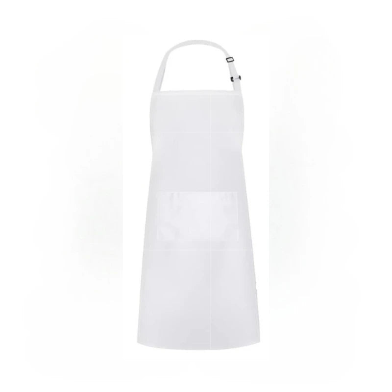 A white unisex water-resistant bib apron with pockets.