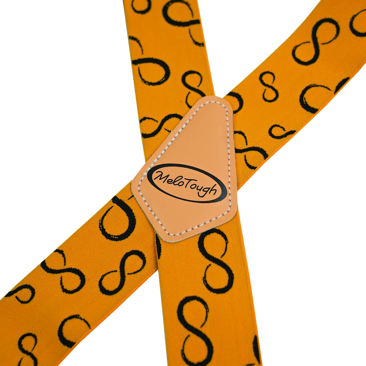 Orange elastic suspenders with a tan leather patch featuring the MeloTough logo
