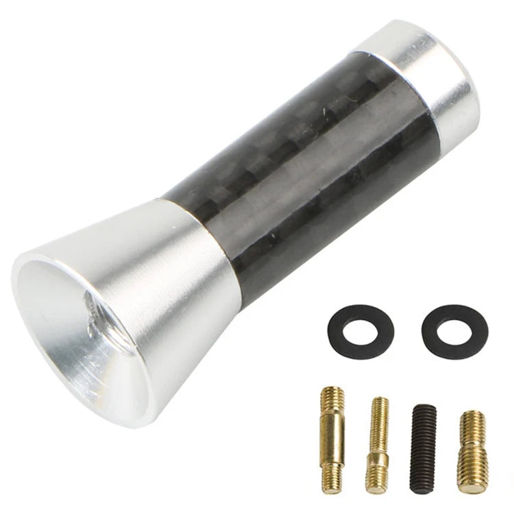 A silver and black carbon fiber short radio antenna with mounting hardware.