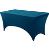 A dark teal stretchable spandex tablecloth covering a rectangular table.
