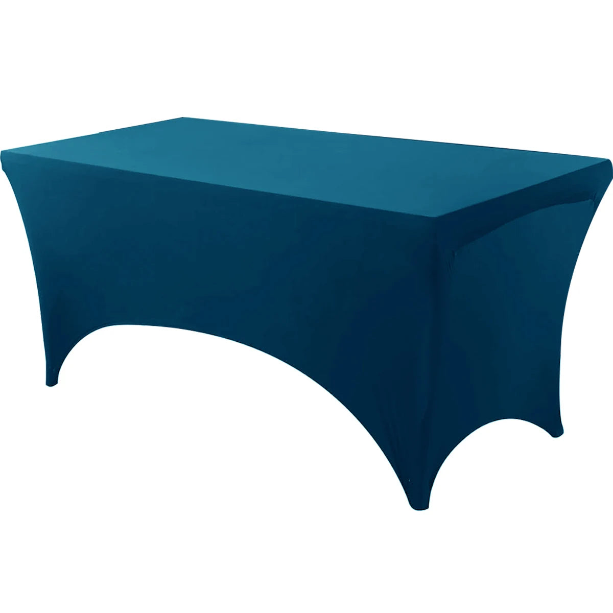 A dark teal stretchable spandex tablecloth covering a rectangular table.