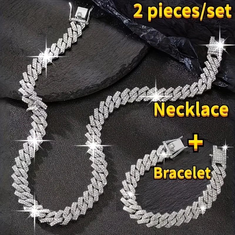 Heavy Cuban Chain Jewelry Set with Crystal Accents