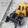 Yellow and black die-cast construction truck toys including an excavator, loader, and tractor