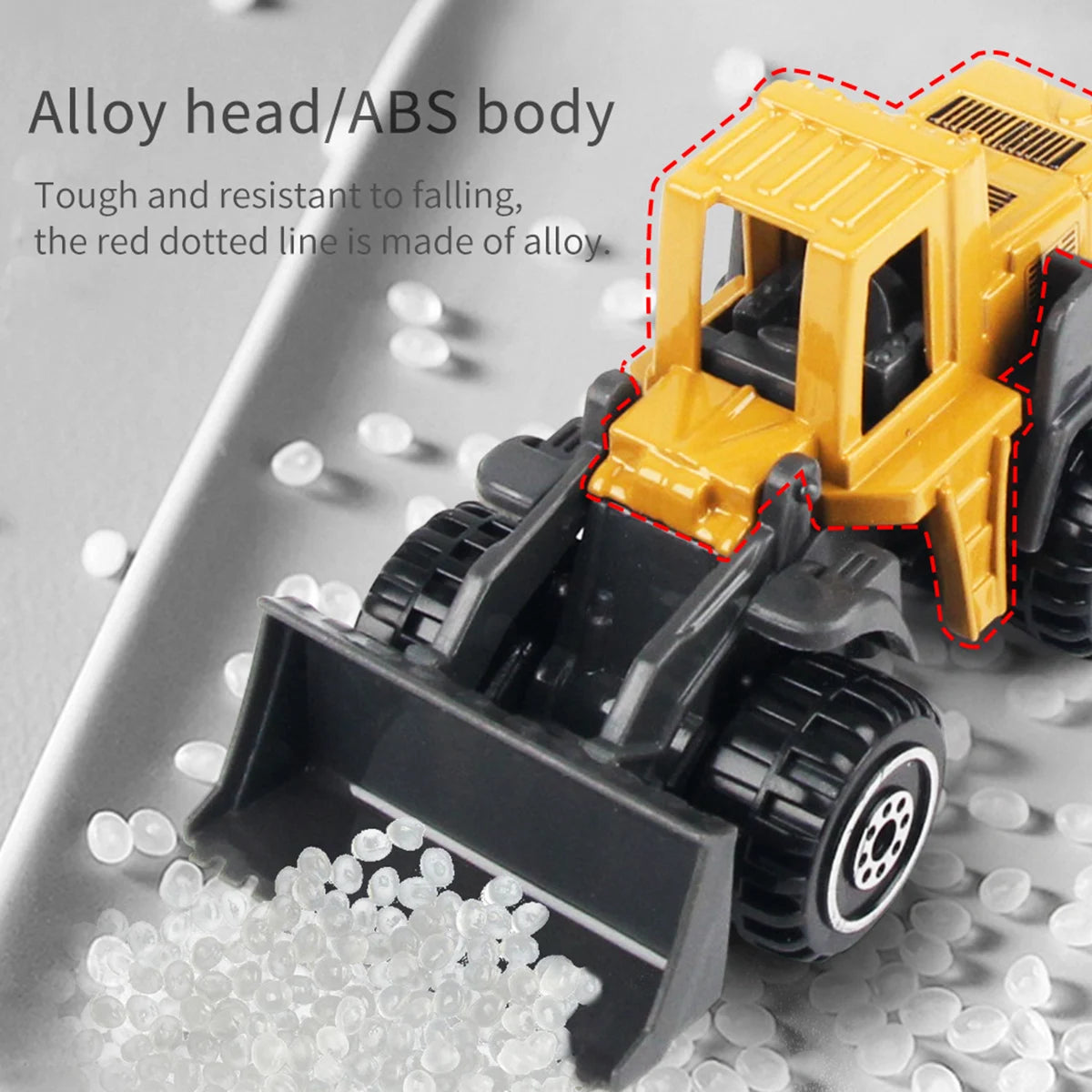 Yellow and black die-cast construction truck toys including an excavator, loader, and tractor