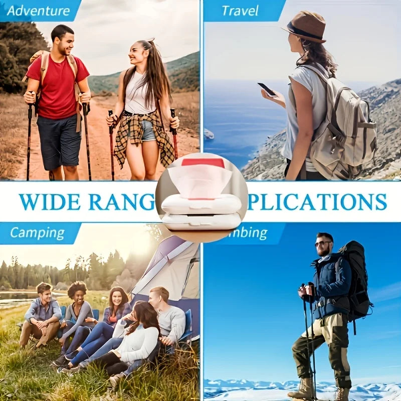 A collage showing various outdoor activities like adventure, travel, camping, and climbing.