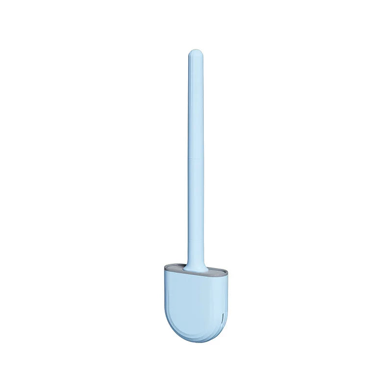 A light blue silicone toilet brush with a wall-mount holder.