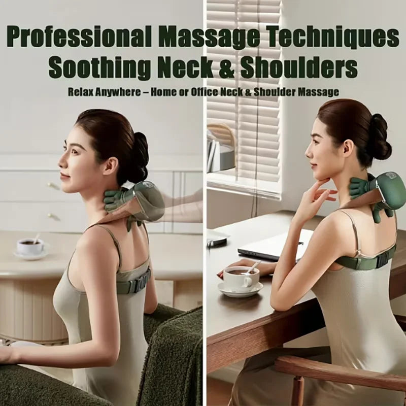 Une femme utilise un massseur sans fil vert pour le cou et les épaules pour la relaxation à la maison ou au bureau.