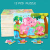 A set of 12 pieces of a wooden animal jigsaw puzzle featuring pink and blue elephants and other animals.