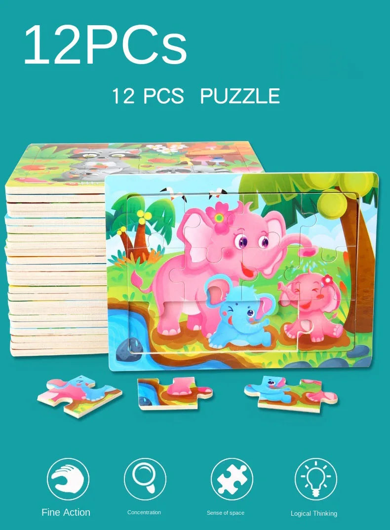 A set of 12 pieces of a wooden animal jigsaw puzzle featuring pink and blue elephants and other animals.