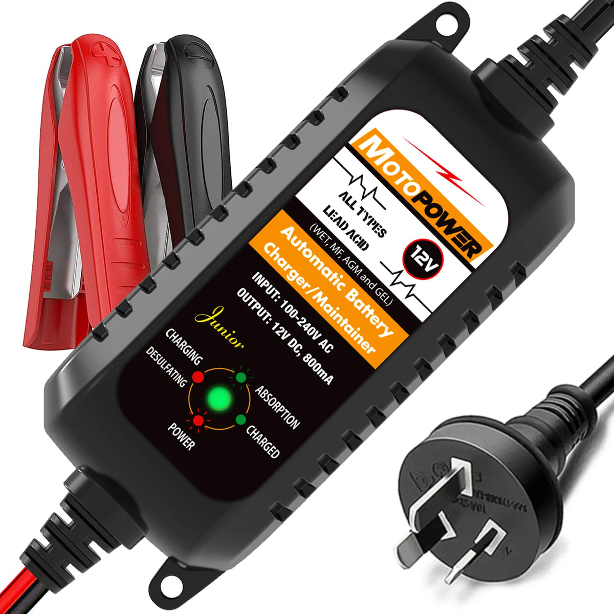A black 12V automatic battery charger and maintainer unit with attached cables and battery clamps.