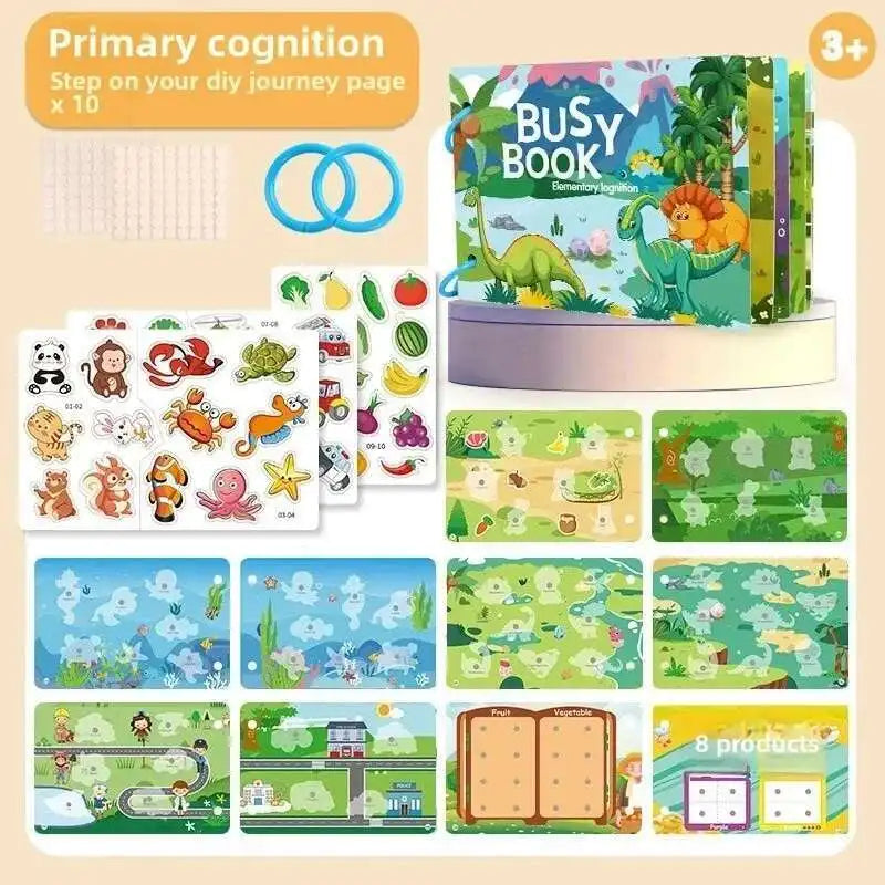 A colorful busy book for toddlers featuring animals, vehicles, and dinosaurs with various interactive pages.