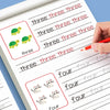 A page from a handwriting practice workbook showing tracing lines for the number three and the word four.