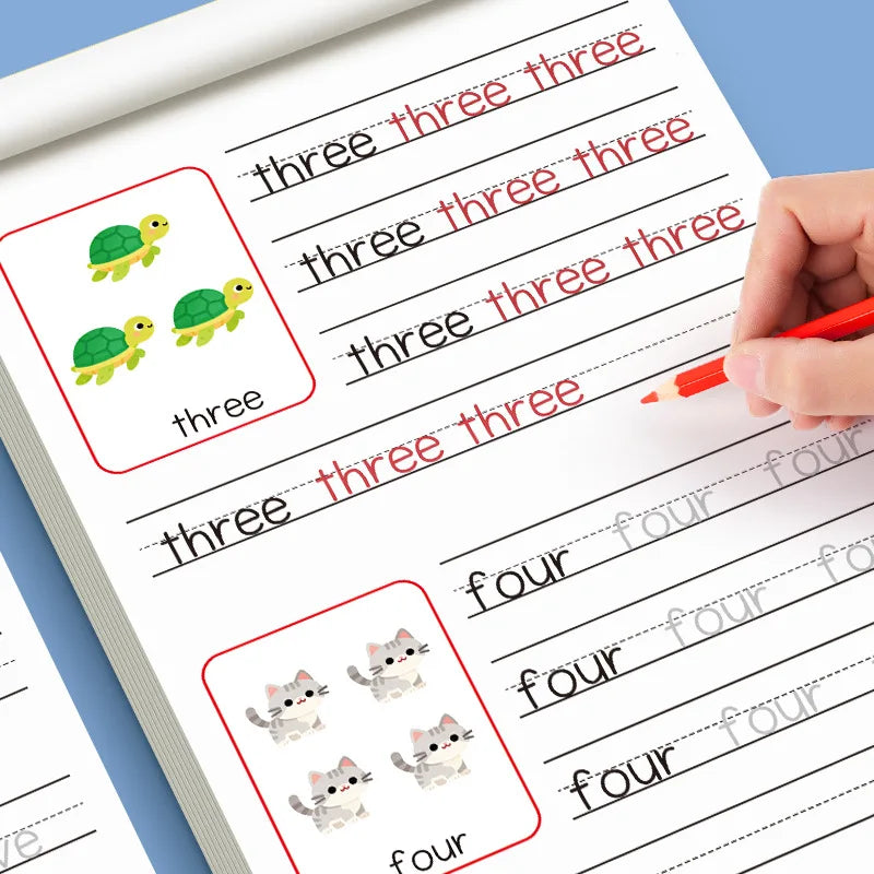 A page from a handwriting practice workbook showing tracing lines for the number three and the word four.
