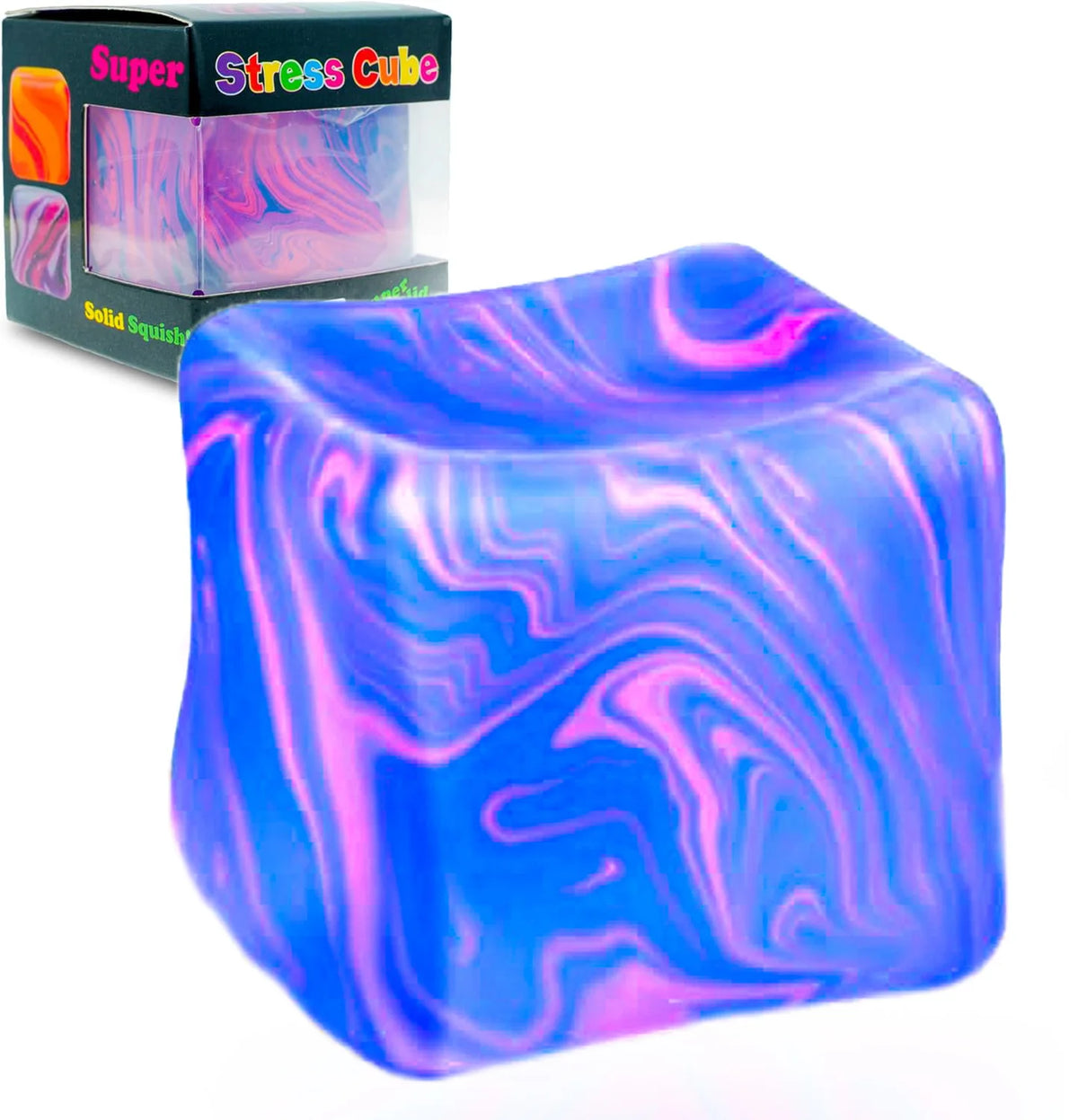 Un cube sensoriel marbré bleu et violet vif, à côté de son emballage.