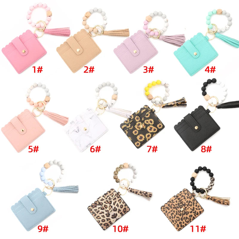 Silicone Bead Bracelet Leather Card Holder Wristlet