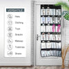 A versatile over-the-door mesh shoe organizer with hanging pockets displayed next to a white door.