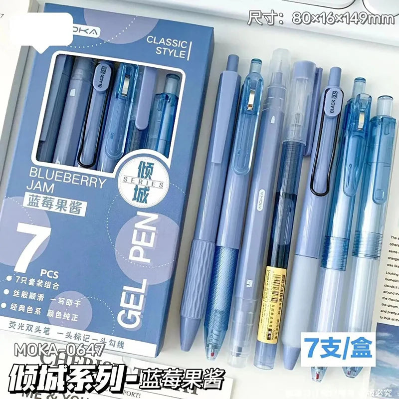 Pack of seven clear gel pens in various shades and designs from the MOKA Classic Style series