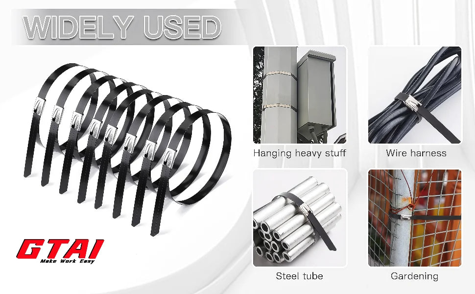 A set of black heavy duty stainless steel self-locking cable ties and related products like wire harness and gardening ties.