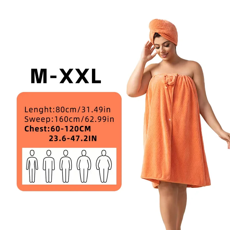 An orange plus size women's wrap robe and turban set displayed on a model.