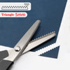 Stainless steel pinking shears with a 5mm triangle pattern shown next to fabric.