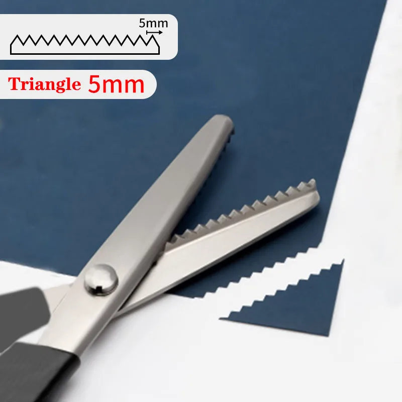 Stainless steel pinking shears with a 5mm triangle pattern shown next to fabric.