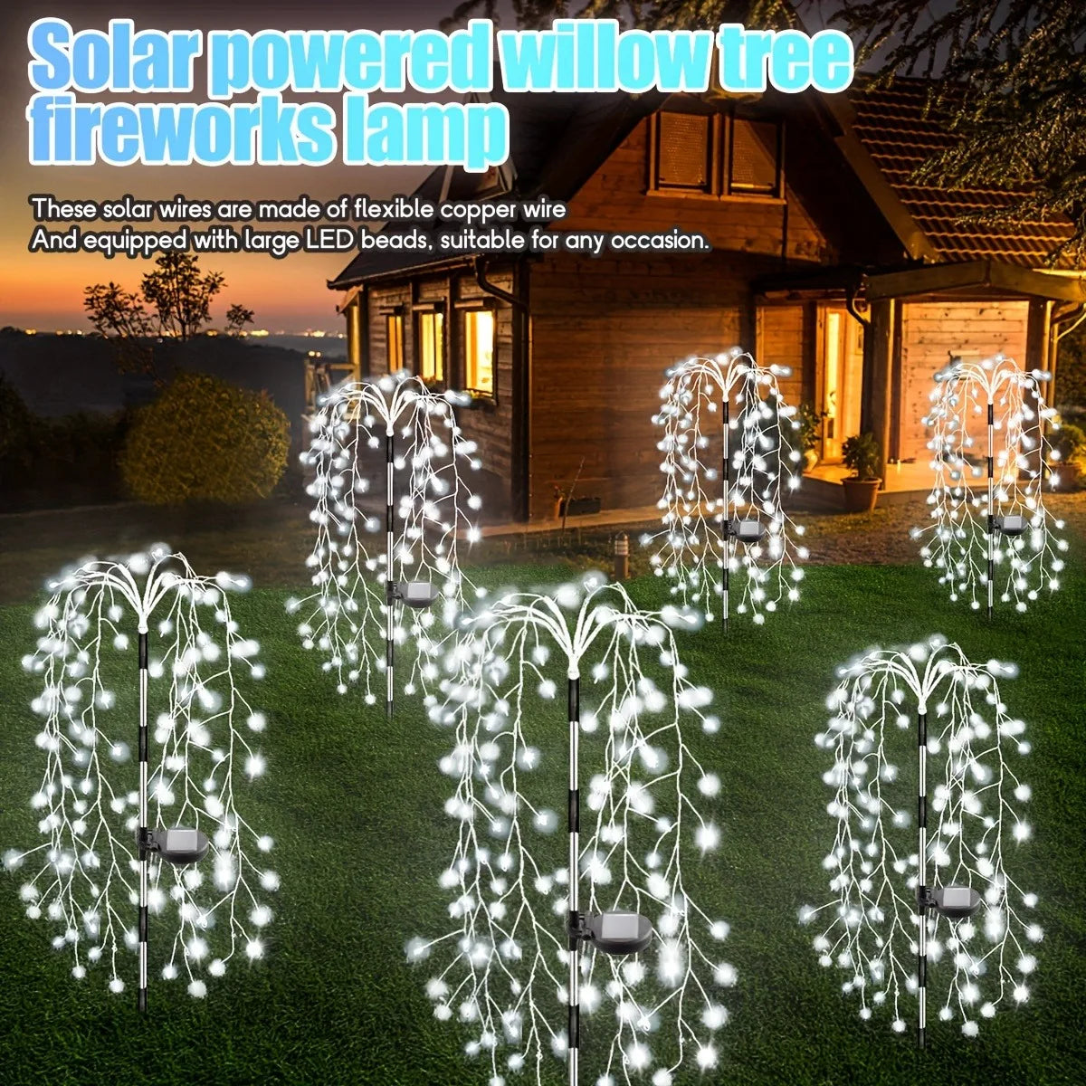 Solar powered willow tree fireworks lamp featuring multiple LED beams illuminating a garden.