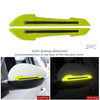 Two bright yellow reflective strips recommended to stick on the back of a rearview mirror