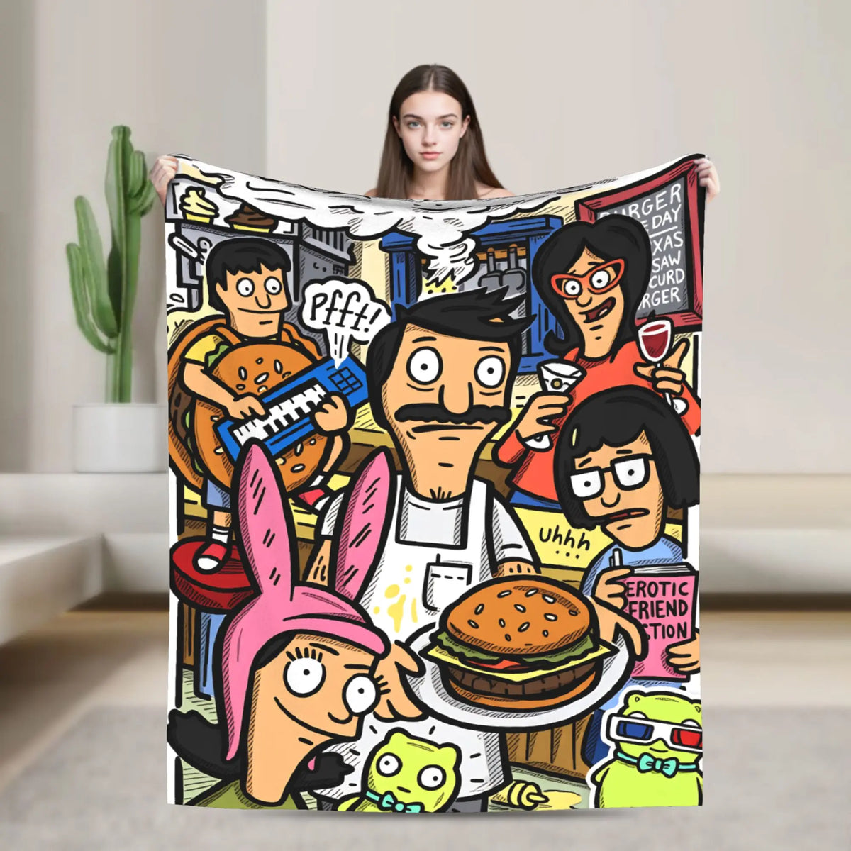 A colorful cartoon illustration featuring several characters in a playful style on a throw blanket.