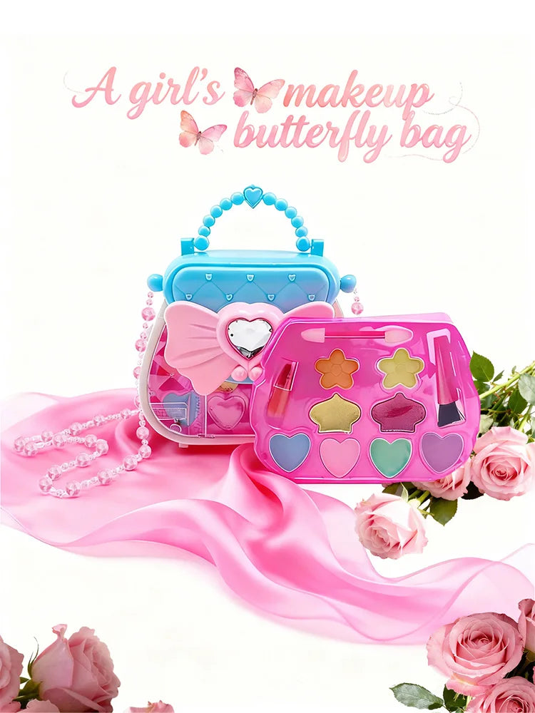 A pink butterfly bag makeup set with a clear case and various cosmetic items displayed on a pink silk fabric.