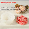 A pink peony silicone mold for making candles, resin, or soap, shown next to a finished flower.