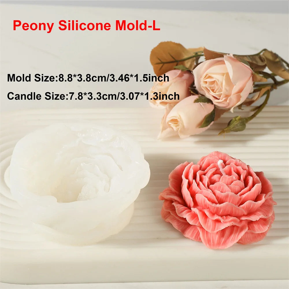 A pink peony silicone mold for making candles, resin, or soap, shown next to a finished flower.