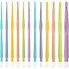 A set of twelve colorful plastic crochet hooks in various sizes and colors displayed in a row.