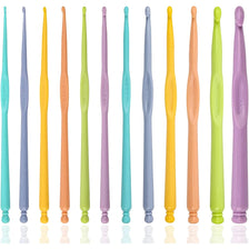 A set of twelve colorful plastic crochet hooks in various sizes and colors displayed in a row.