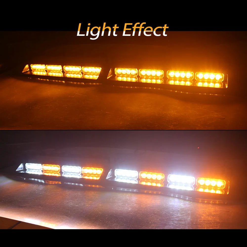 A close-up view of emergency dash strobe lights with high-intensity LED safety flashers illuminating a dark surface.