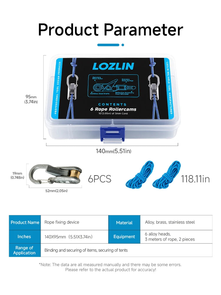 A clear plastic container holding six rope rollers and related components for a heavy-duty rope tensioner kit.