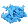 A pile of light blue disposable non-woven hair net caps.