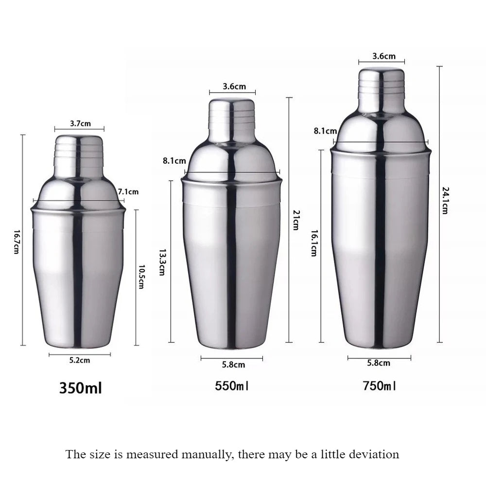 Three sizes of stainless steel cocktail shakers, 350ml, 550ml, and 750ml, shown side by side.